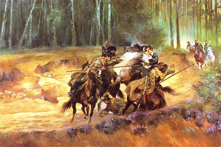 Painting of Emilia Plater in a skirmish at Šiauliai by Wojciech Kossak.