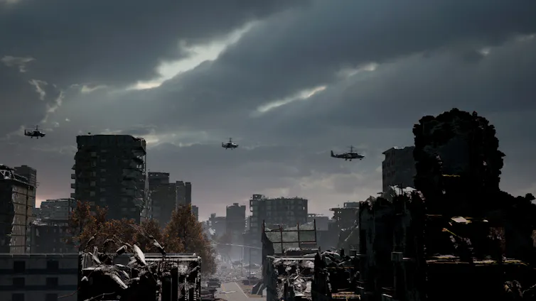 Three helicopters flying over a war-damaged city.