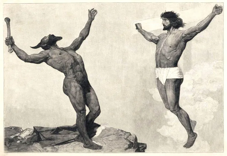 Drawing showing a muscular Christ fighting a muscular satan