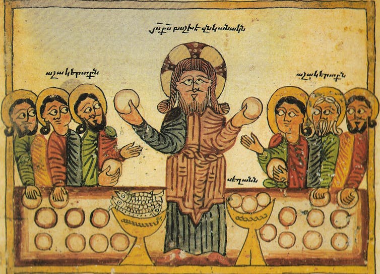 An illustration from the Armenian Daniel of Uranc gospel (1433) showing the feeding of the 5,000.