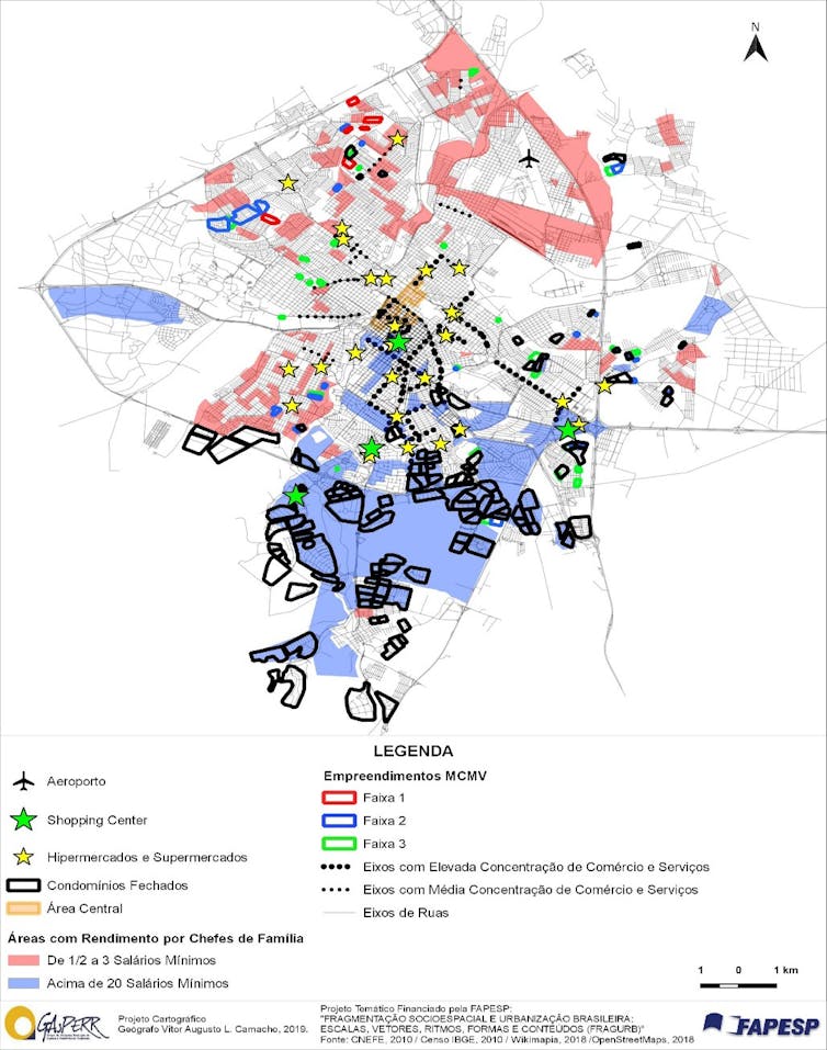 Mapa de Ribeirão Preto tem manchas vermelhas ao norte, onde se concentra a população de baixa renda, e manchas azuis ao sul, onde está a população mais rica e os shopping centers