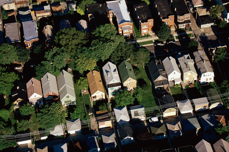 Rows of houses and trees.