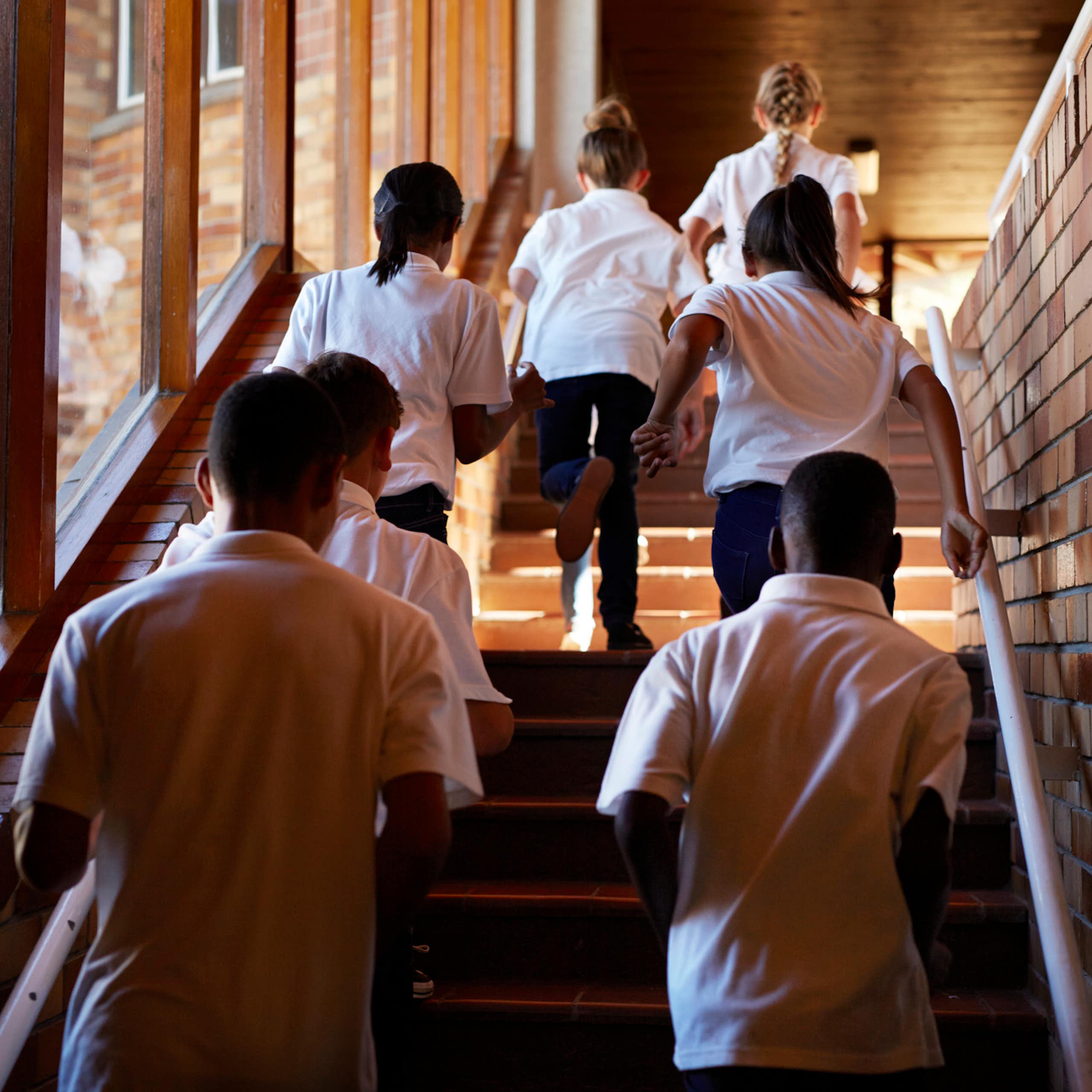 School students walk up a staircase. 