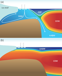 A graphic showing the interaction between cold dense waters and warmer deep flows under the Ross Ice Shelf.