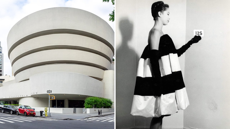 On the left, the Solomon R. Guggenheim Museum designed by Frank Lloyd Wright. On the right, an image of a model wearing a dress from the 1958 collection.
