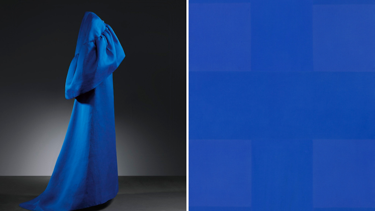 On the left, model 125 from Balenciaga's 1965 summer collection. On the right, Abstract Painting, Blue, by Ad Reinhardt, 1953..