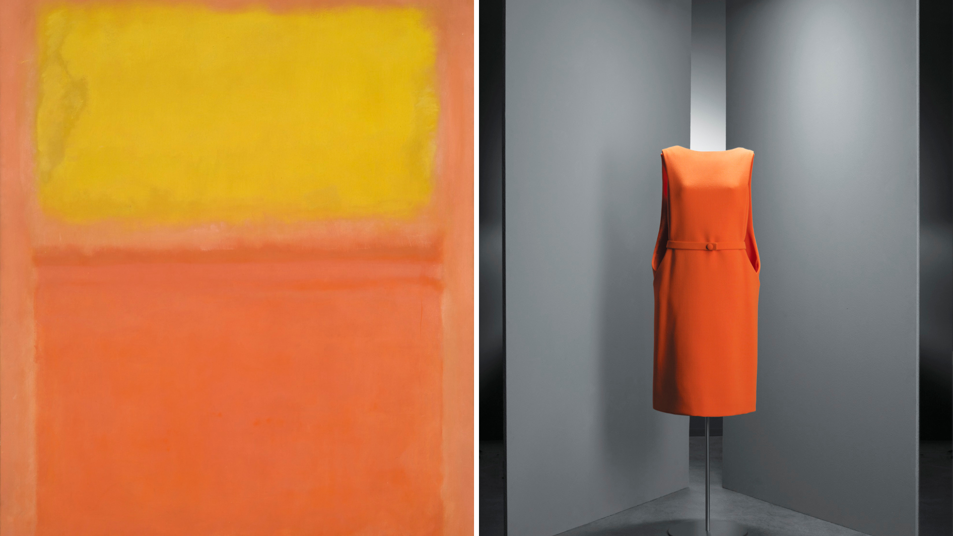 A la derecha, _Naranja y amarillo_ de Mark Rothko. A la izquierda, vestido de día en crepé de lana naranja, de Cristóbal Balenciaga, 1967.