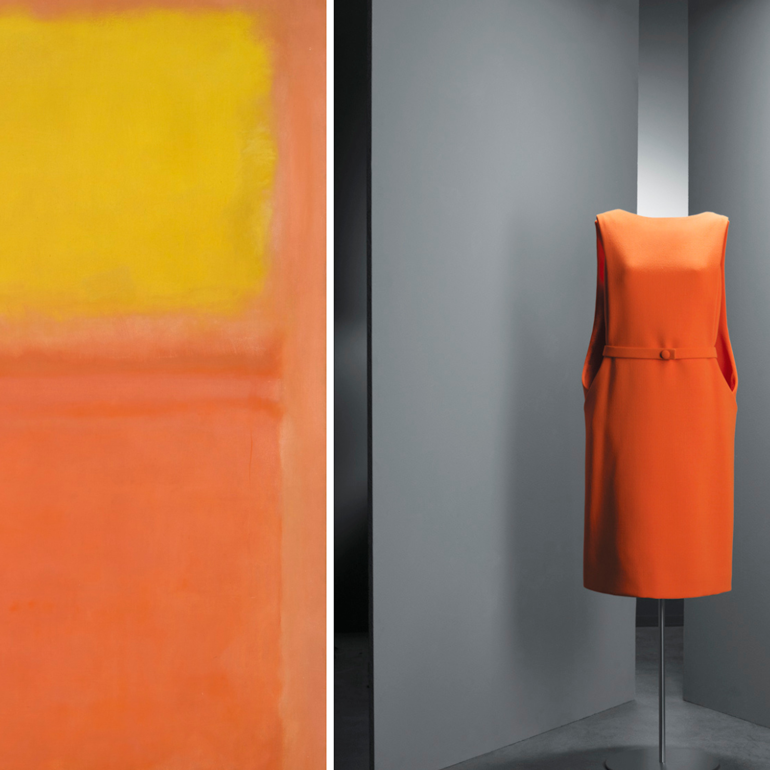 A la derecha, _Naranja y amarillo_ de Mark Rothko. A la izquierda, vestido de día en crepé de lana naranja, de Cristóbal Balenciaga, 1967.