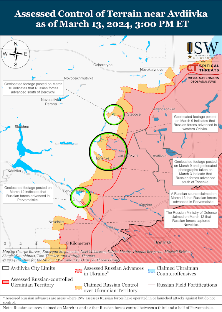 ISW Map showing the battle lines around Adviivka in eastern Ukraine