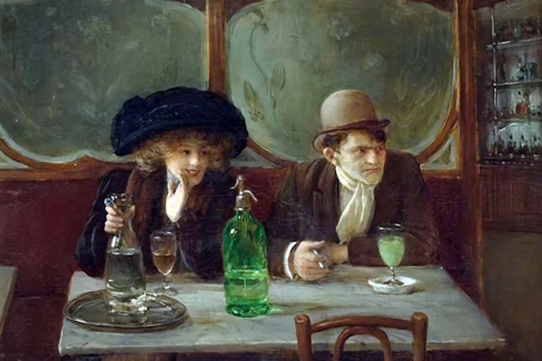 Pintura mostra um homem e uma mulher sentados na mesa de um café do século 19 com cálices de bebidas à sua frente