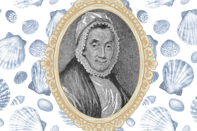 A portrait in black and white of Bridget Atkinson, in a frame and surrounded by shells