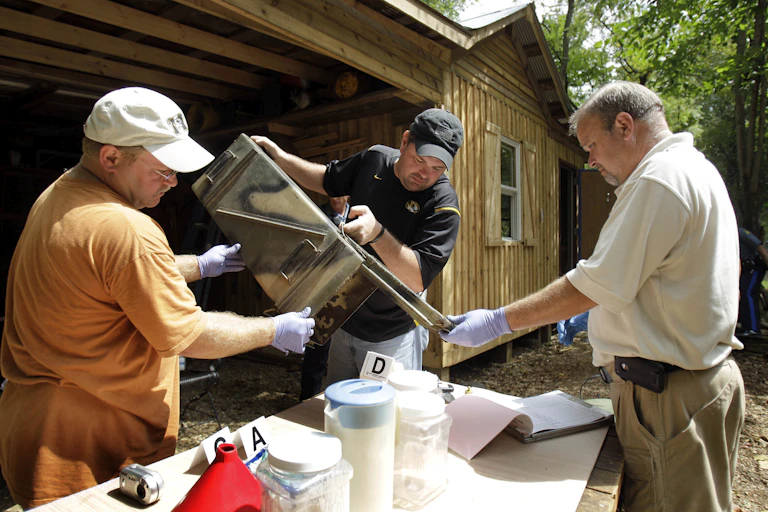 Three men hold a metal container above a table with containers on it in front of a house