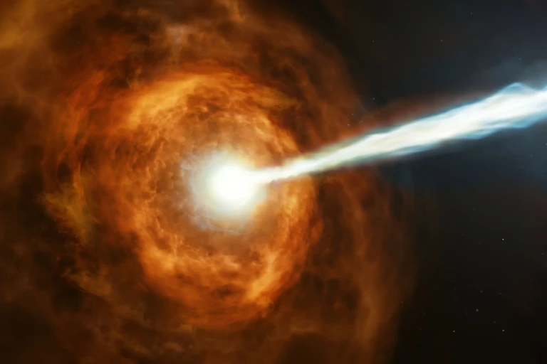 A burst of bright light coming out of a hazy cloud.