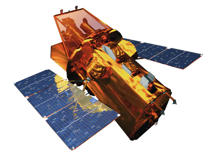 Uma espaçonave cilíndrica, com dois painéis solares planos, um de cada lado.