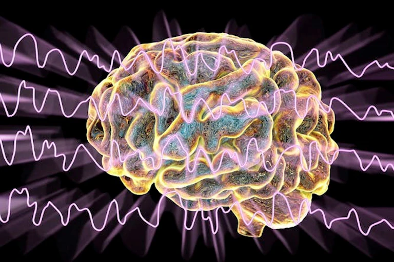 Illustration informatique du cerveau et des ondes cérébrales pendant le sommeil