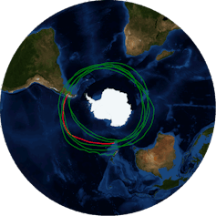 Flight path of SuperBIT, five and a half times around the Southern ocean.