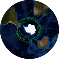 Flight path of SuperBIT, five and a half times around the Southern ocean.
