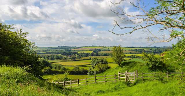 English countryside, farmland and hills.
