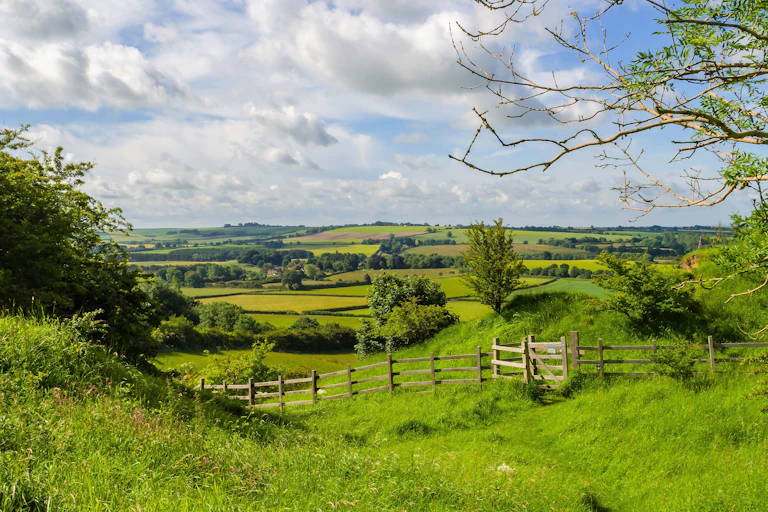 English countryside, farmland and hills.