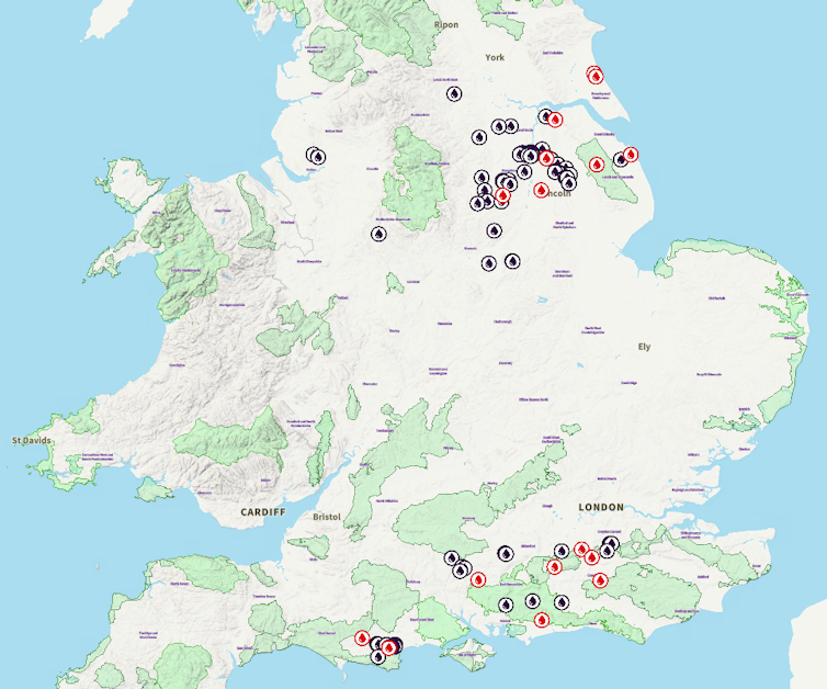 Map of England and Wales showing oil wells in southern England and east Midlands