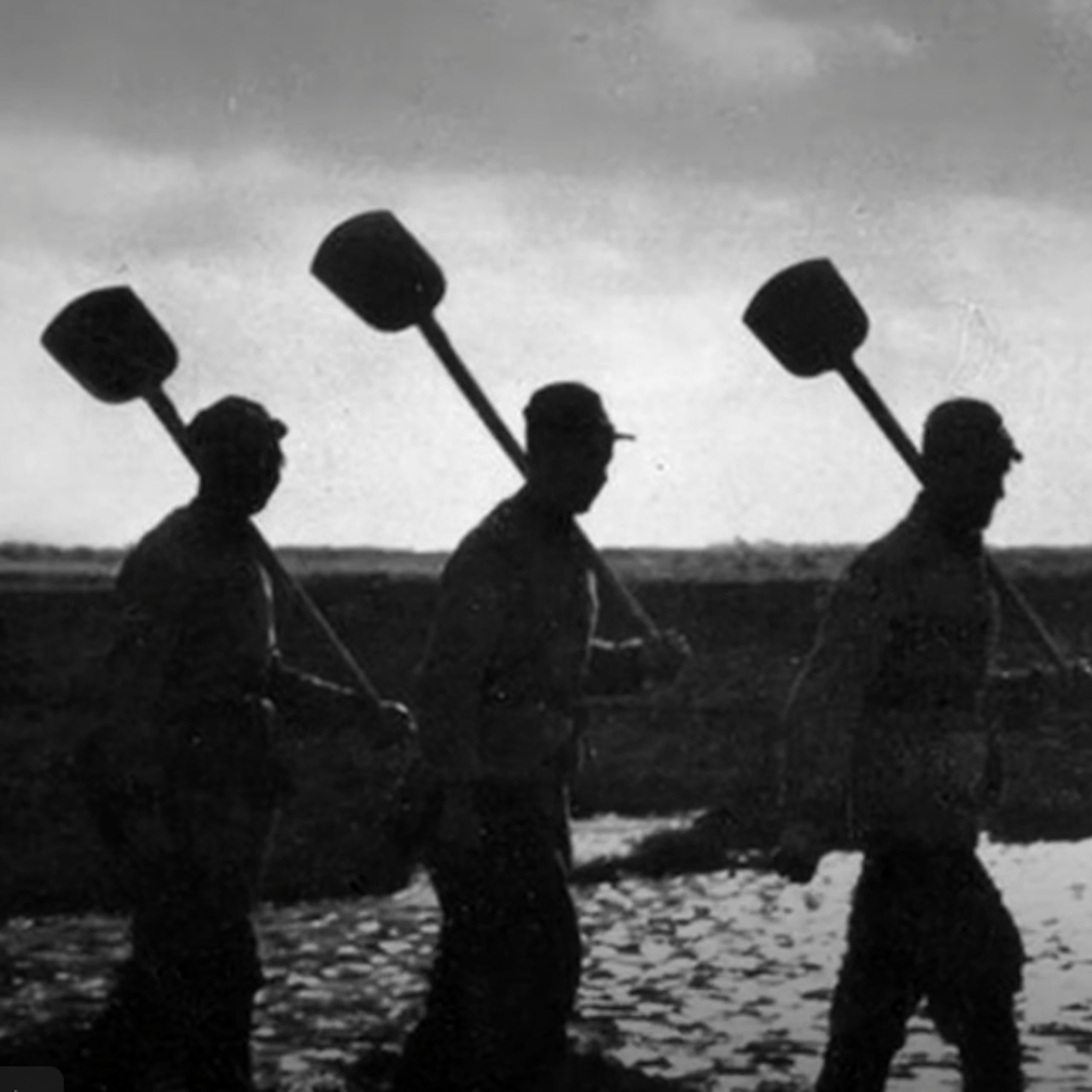 A group of men with shovels over their shoulders marching in a line silhouetted against the sky.