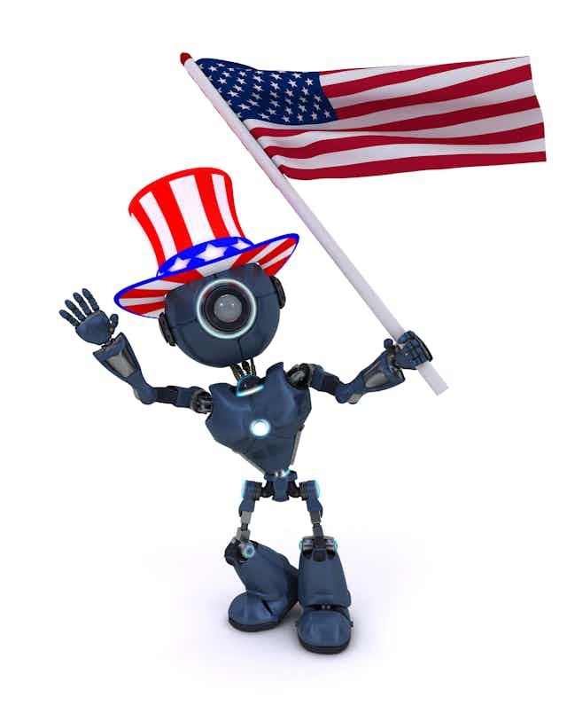 A graphic of a humanoid robot wearing a red white and blue top hat and waving a US flag