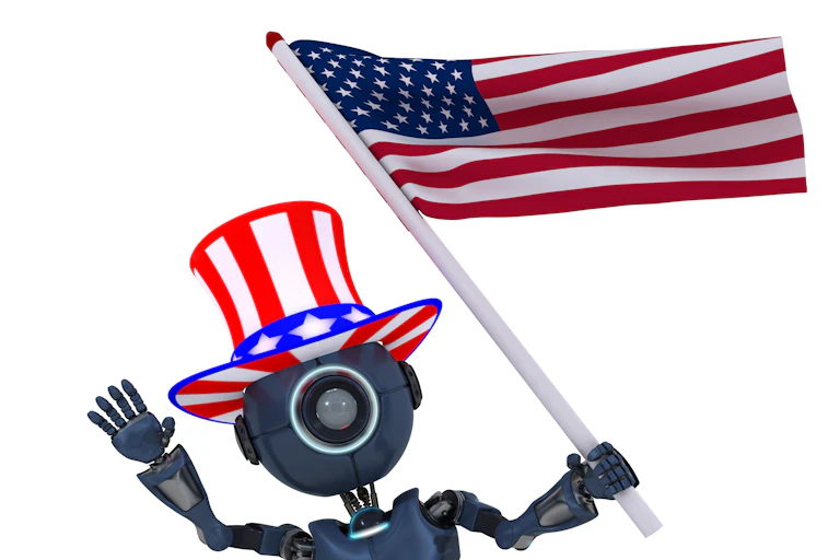 A graphic of a humanoid robot wearing a red white and blue top hat and waving a US flag