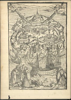 Dibujo de una isla con diferentes edificaciones y pueblos, mientras algunos barcos la rodean desde el agua.