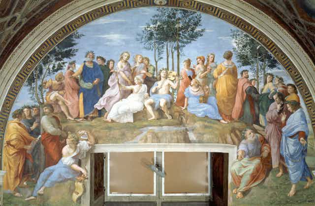 Fresco de 'El Parnaso' de Rafael en la Estancia del Sello, en los Museos Vaticanos de Roma, en donde están representados nueve poetas de la Antigüedad y nueve contemporáneos a Rafael.