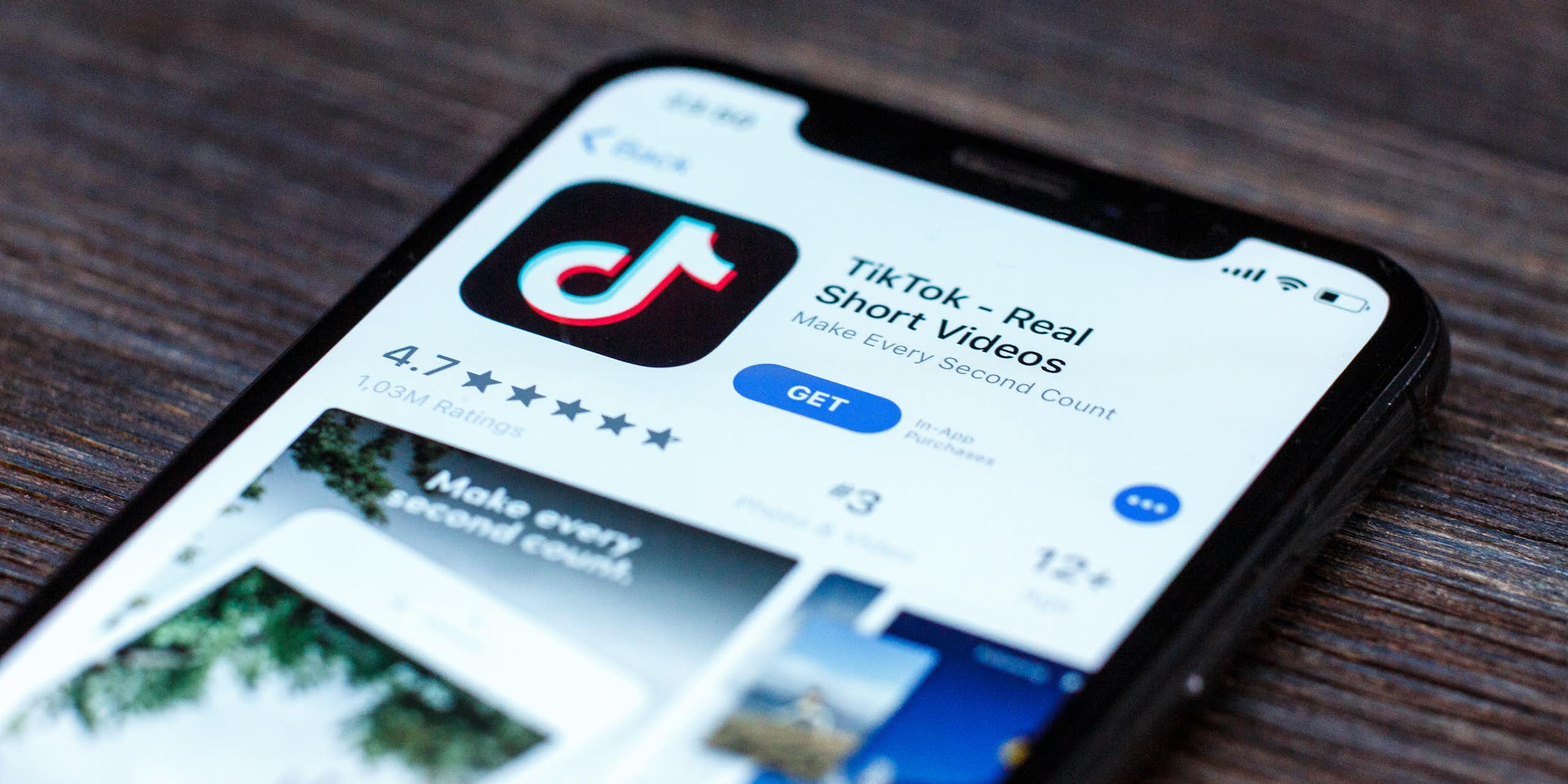 a mobile phone screen showning the tiktok page on the Apple app store