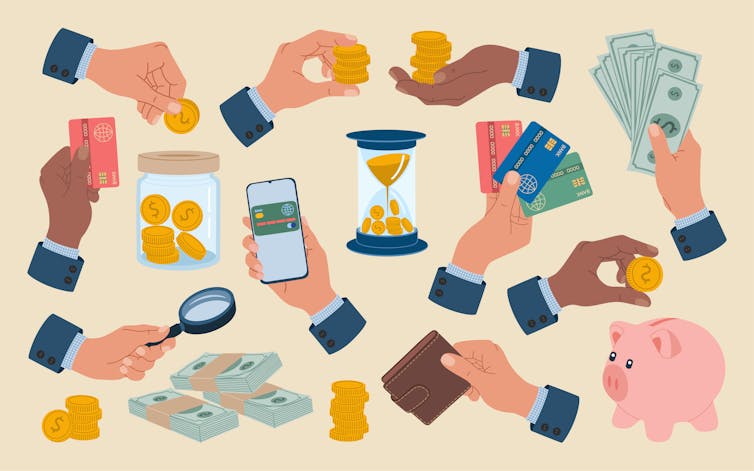 Set of diverse hands and payment methods. Arms with cash, credit cards, banknotes, wallet, putting coins into piggy bank. Hand drawn vector illustration isolated on light background, flat cartoon style.