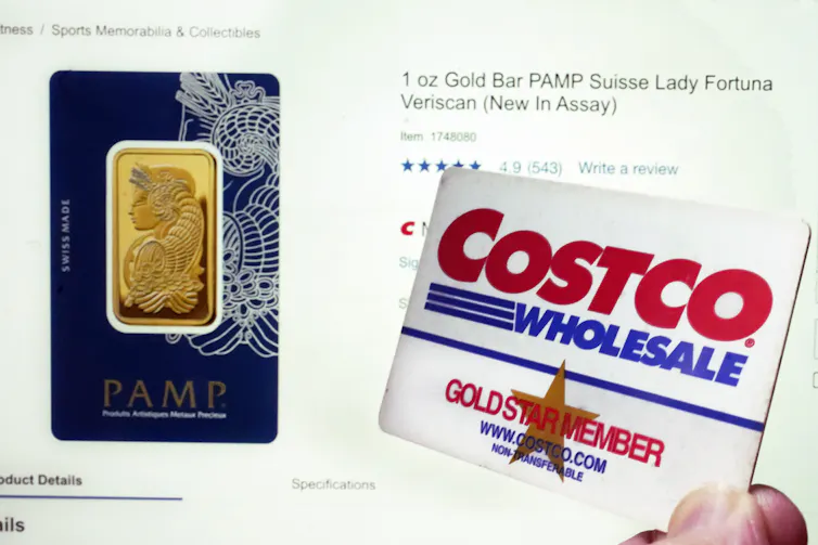 A Costco web page shows a Swiss gold bar for sale.