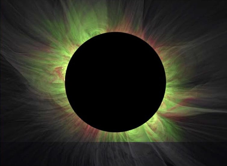 a black circle surrounded by wisps of red and green