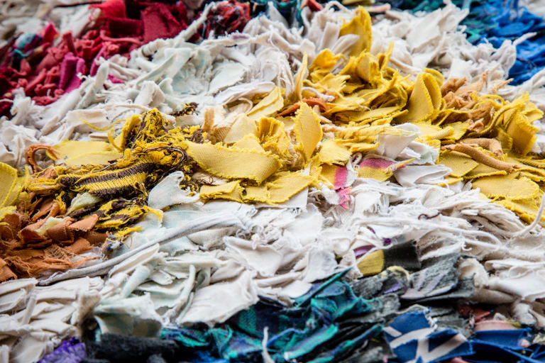 shot of coloured fabric scraps, blue, white, yellow blue, all piled on top of each other