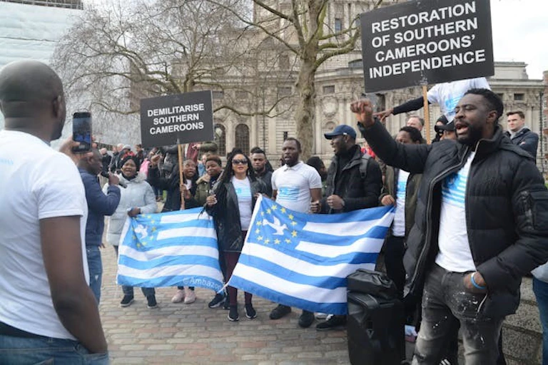 Un groupe de personnes avec des drapeaux et des pancartes