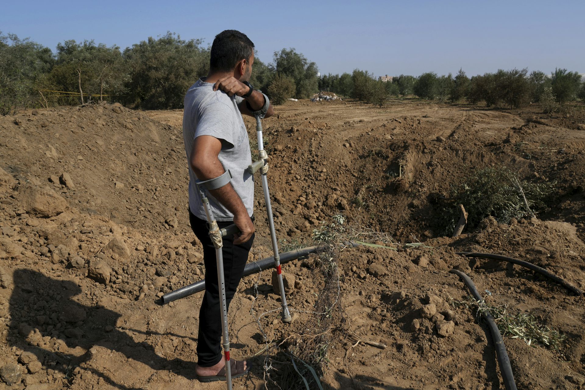 A man on crutches looks over a large hole and destroyed olive trees.