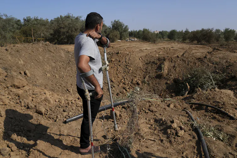 A man on crutches looks over a large hole and destroyed olive trees.