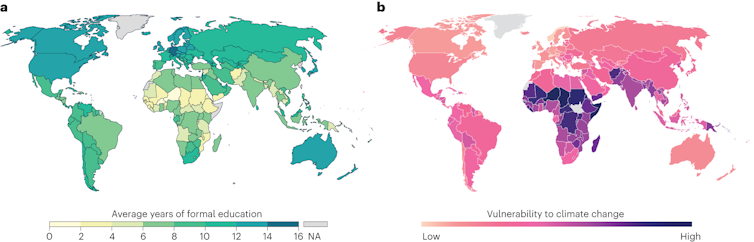 World map in green on left side, another in pink on right with shaded areas to indicate average years of formal education compared to vulnerability to climate change in each country