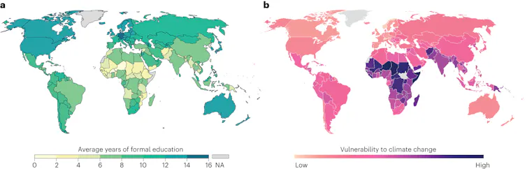 World map in green on left side, another in pink on right with shaded areas to indicate average years of formal education compared to vulnerability to climate change in each country