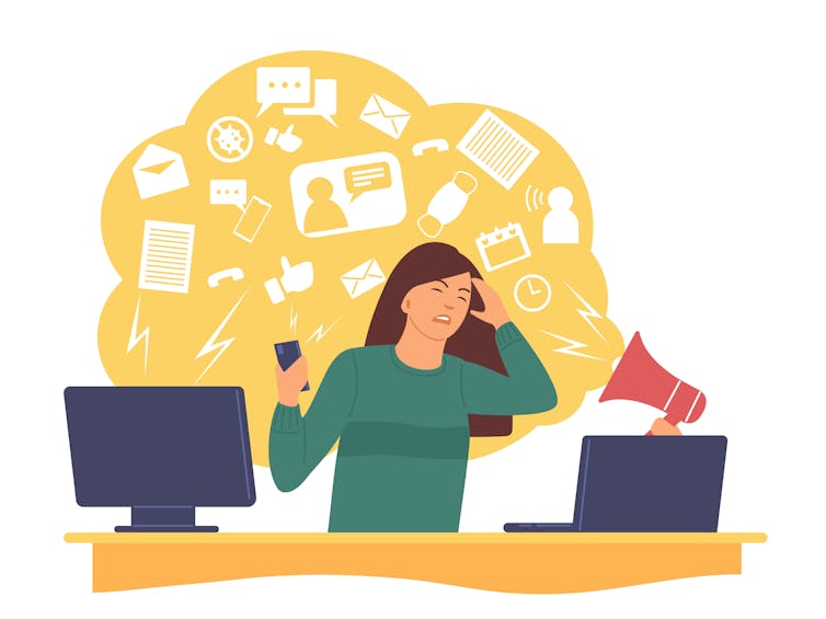 An illustration of a person surrounded by phone and computer screens spouting all manner of information and noise.