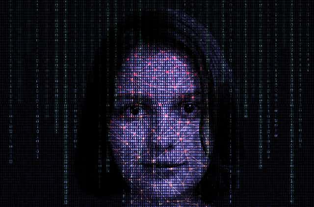 ilustração do rosto de uma mulher com coordenadas digitais