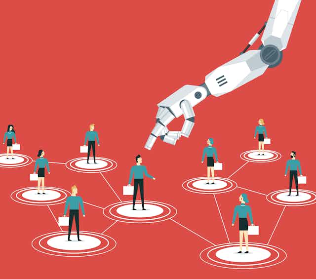 cartoon image of a giant robot hand pointing to one of several people