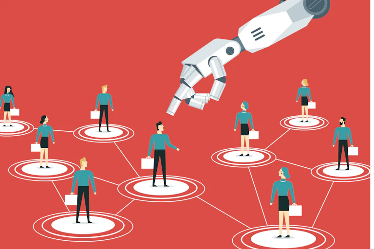 cartoon image of a giant robot hand pointing to one of several people