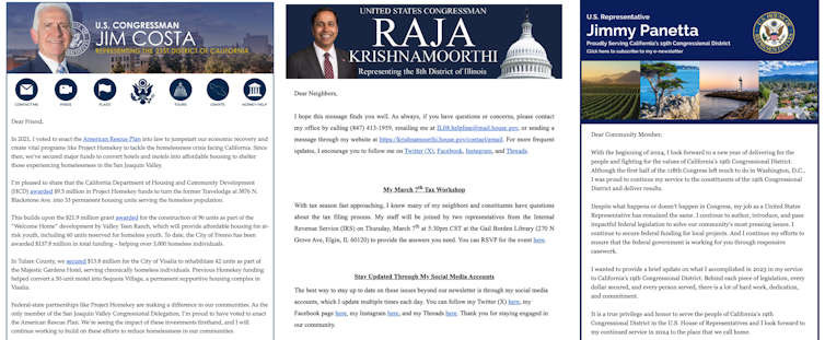 Un trío de capturas de pantalla de boletines electrónicos de miembros demócratas de la Cámara y el Senado.