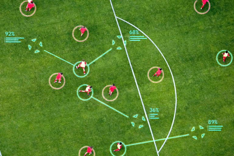 Aerial photo of players on a soccer field, labelled with arrows and percentages suggesting probabilities of various movements.