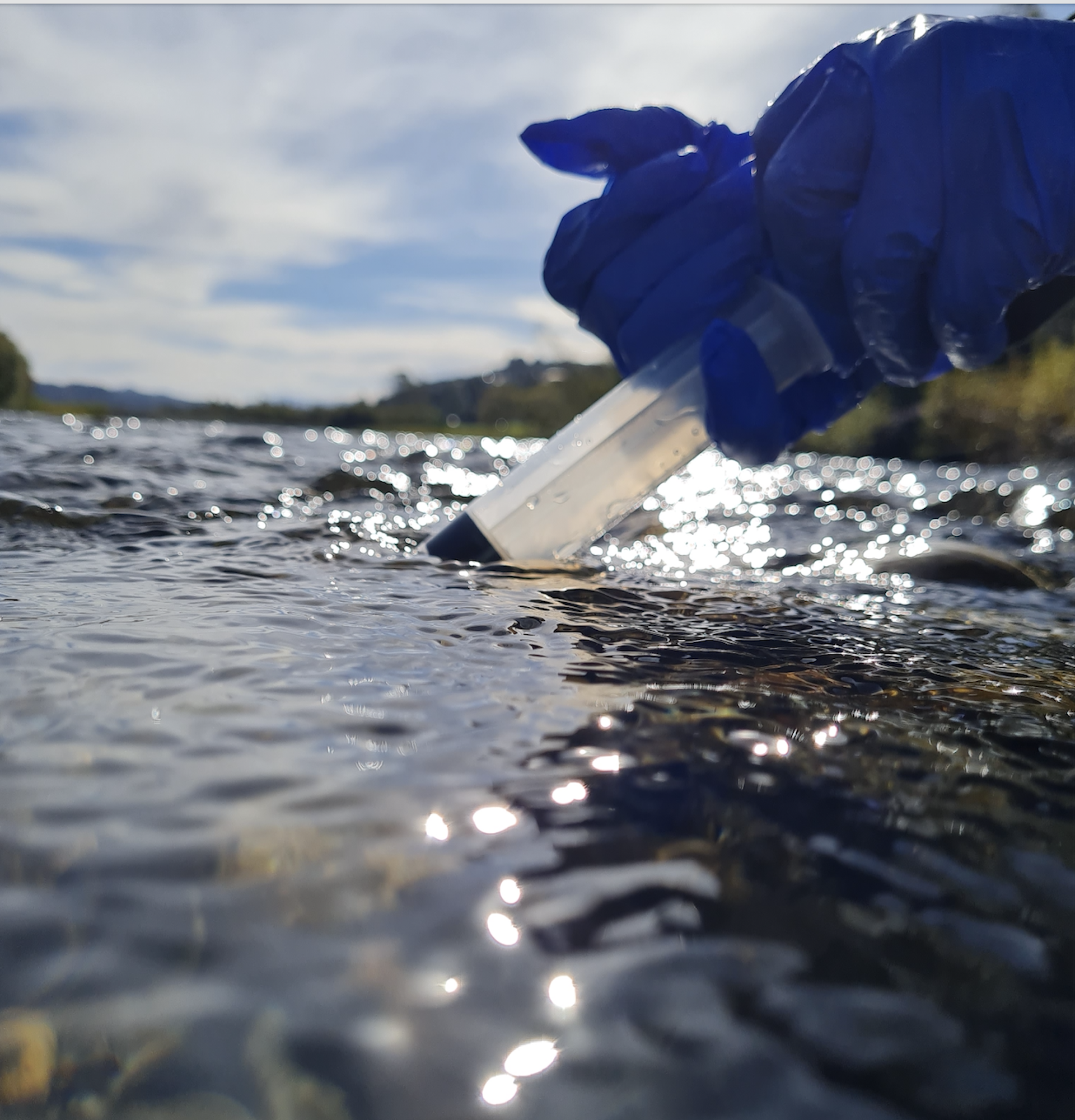 A close-up of someone taking a sample of river water.