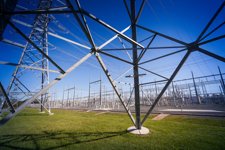 Peering through the metal structure of an electricity pylon into a power substation in Queensland, standing on green grass with a blue sky in the background