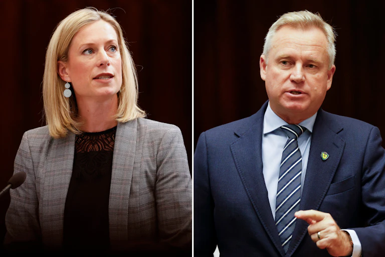A composite image of a female politician speaking in parliament, next to a male politician doing the same thing