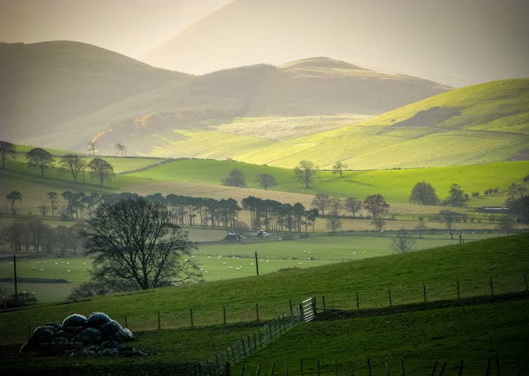 A view of fields and mountains.