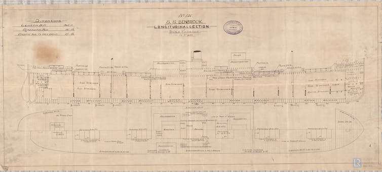 An old longitudinal section drawing of a ship.